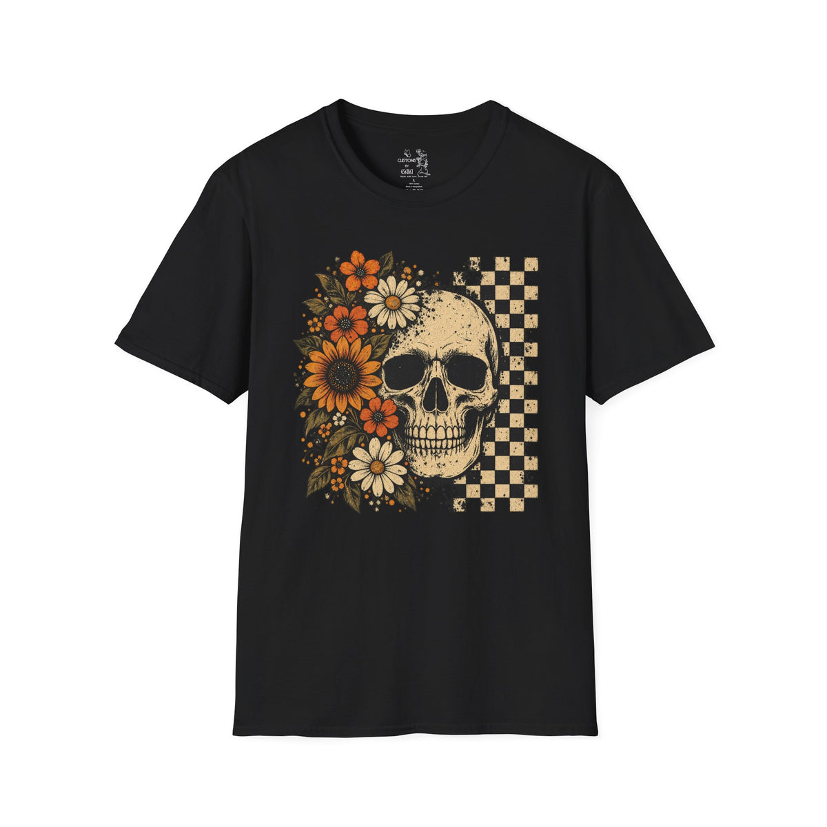 Floral Skull T-Shirt – Gothic Sunflower Checkerboard Design