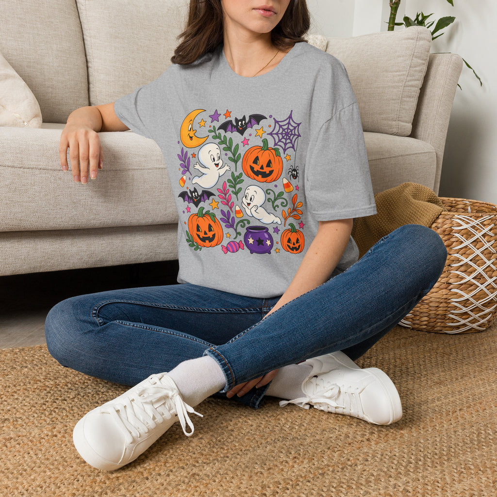 Cute Halloween T-Shirt — Friendly Ghosts, Pumpkins & Bats Graphic