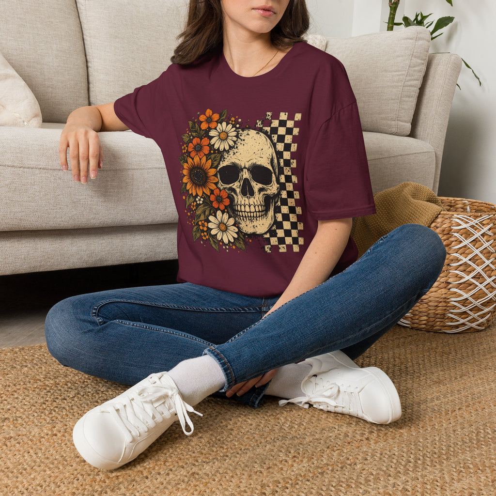 Floral Skull T-Shirt – Gothic Sunflower Checkerboard Design