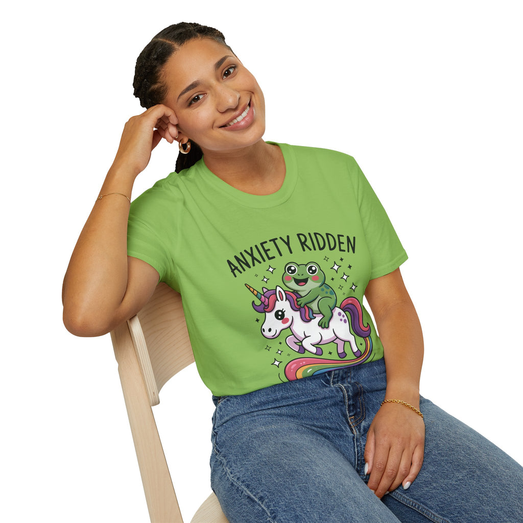 Anxiety Ridden Frog on Unicorn T-Shirt — Cute Mental Health Awareness Graphic Tee