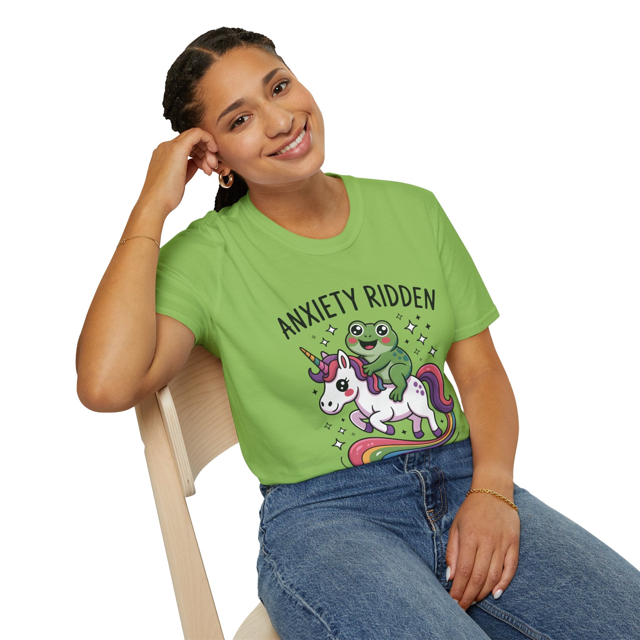 Anxiety Ridden Frog on Unicorn T-Shirt — Cute Mental Health Awareness Graphic Tee