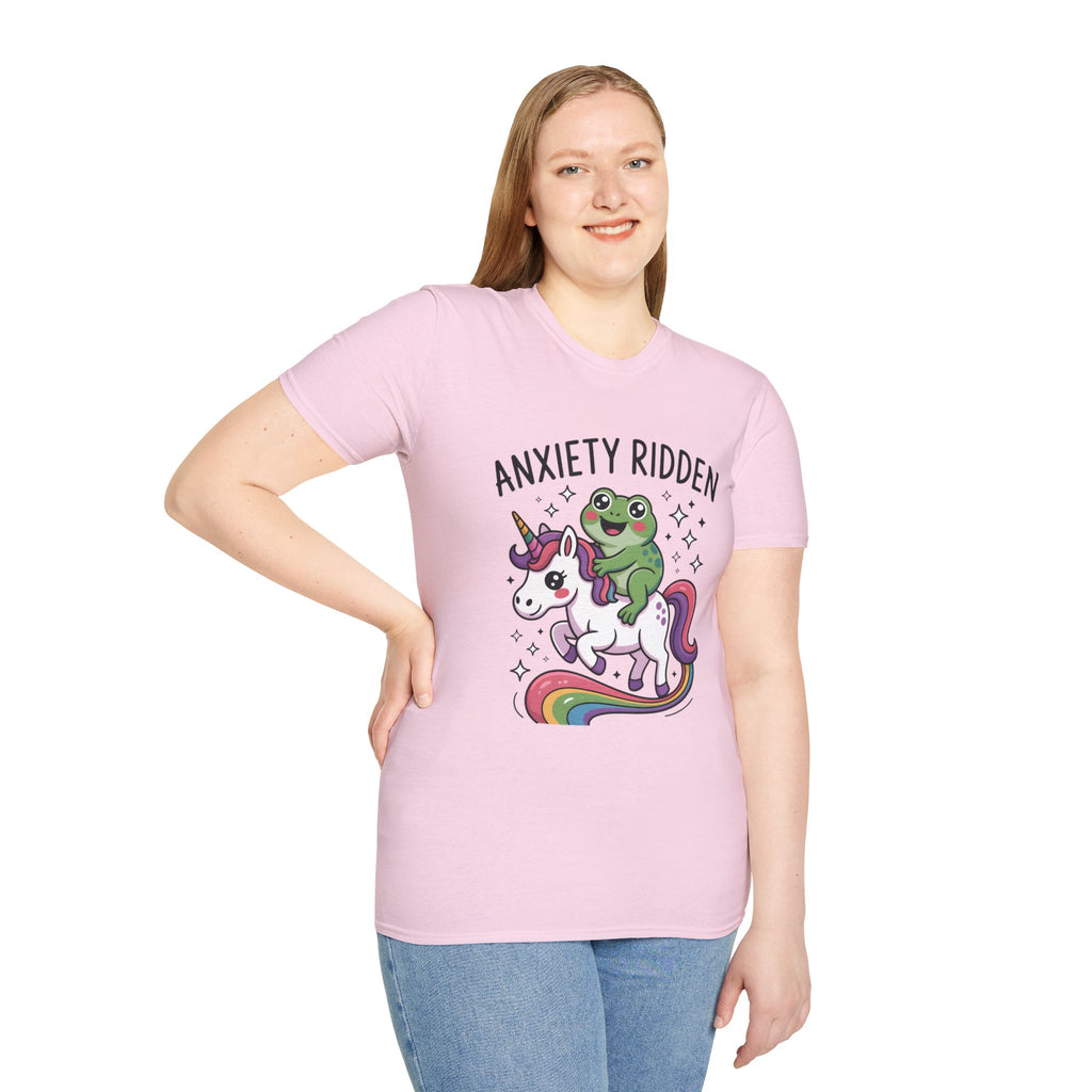 Anxiety Ridden Frog on Unicorn T-Shirt — Cute Mental Health Awareness Graphic Tee