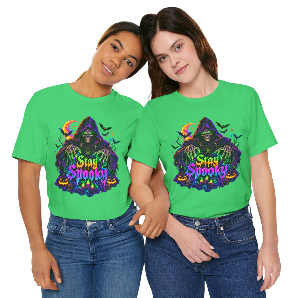 Stay Spooky Halloween Tee — Neon Grim Reaper & Haunted Castle Graphic T-Shirt