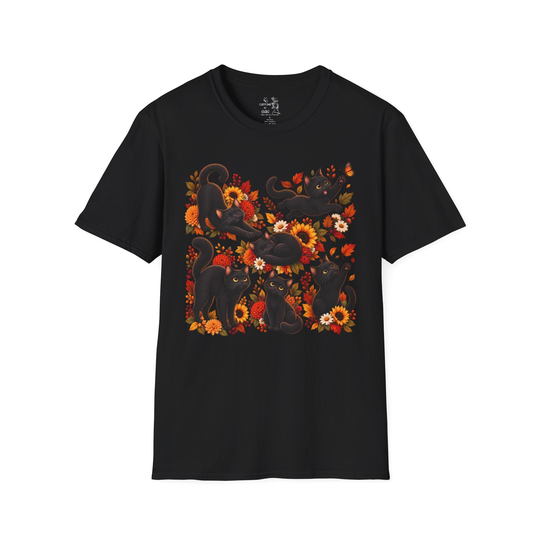 Black Cats & Sunflowers T-Shirt — Autumn Floral Cat Tee