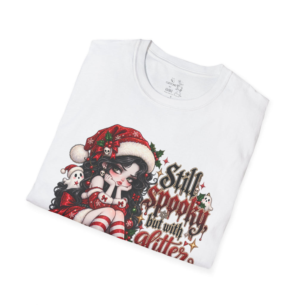 Christmas Goth T‑Shirt – "Still Spooky But With Glitter" Elf Girl Holiday Tee