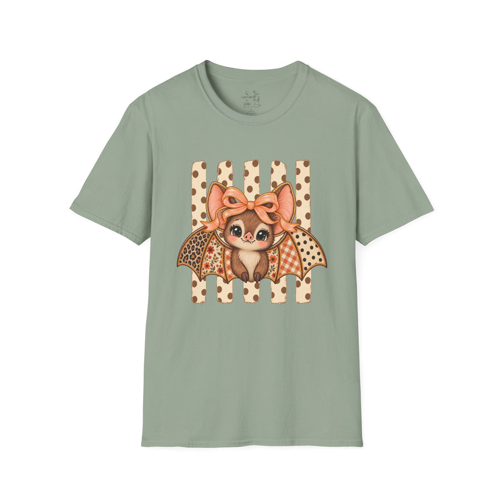 Cute Bat Tee — Adorable Bat with Bow Graphic T-Shirt (Leopard Striped Background)