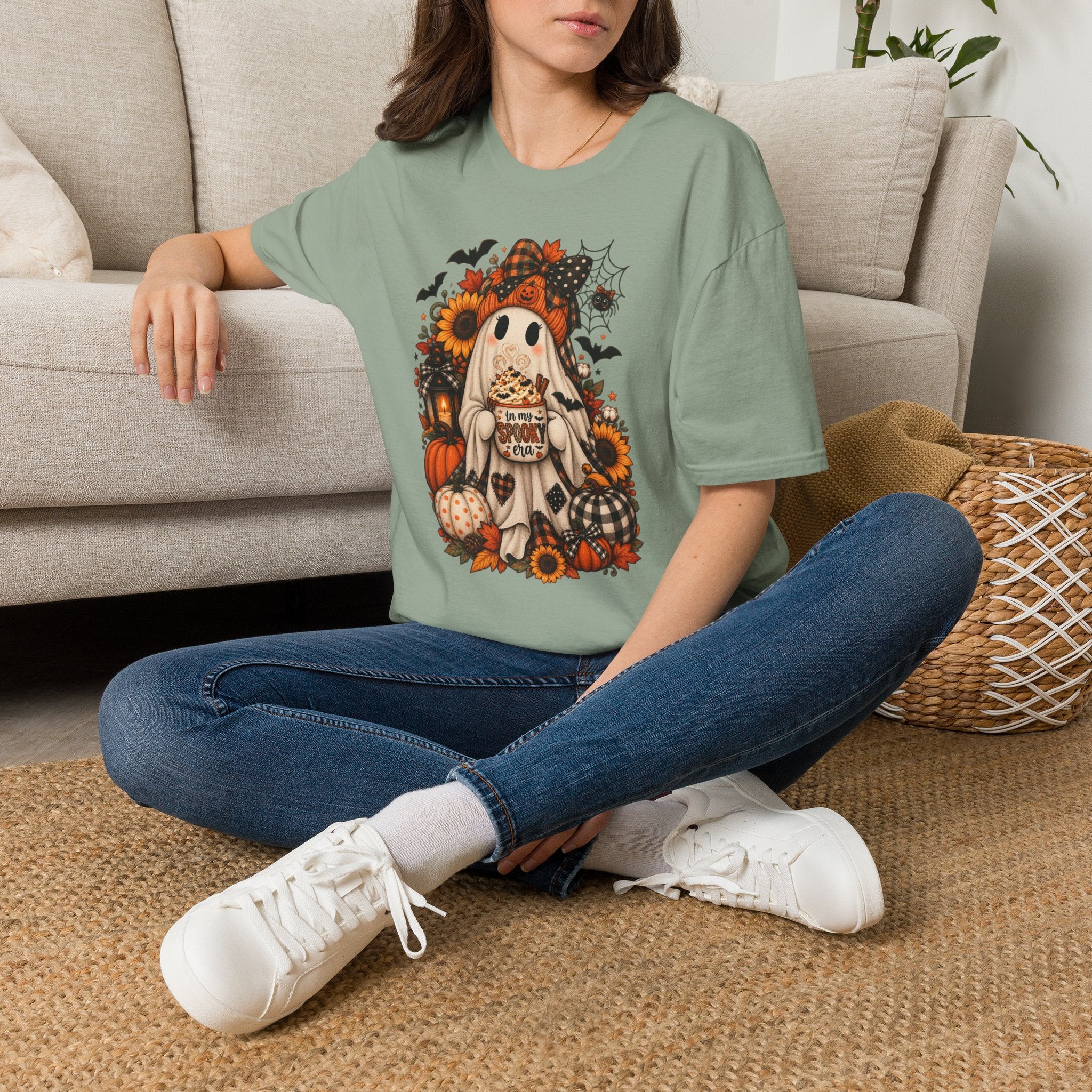 Halloween Ghost Tee – Cute Pumpkin, Sunflower & Trick-or-Treat Design