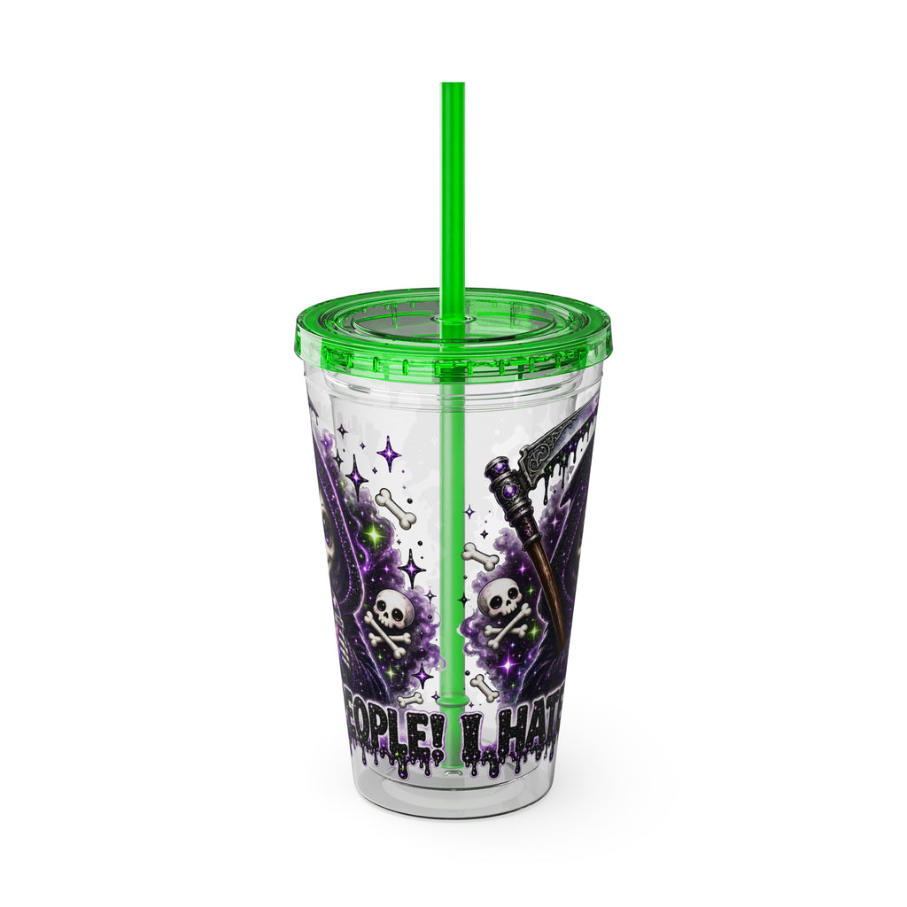 16oz Tumbler with Straw — Purple Grim Reaper “I Hate People” Graphic Cold Cup