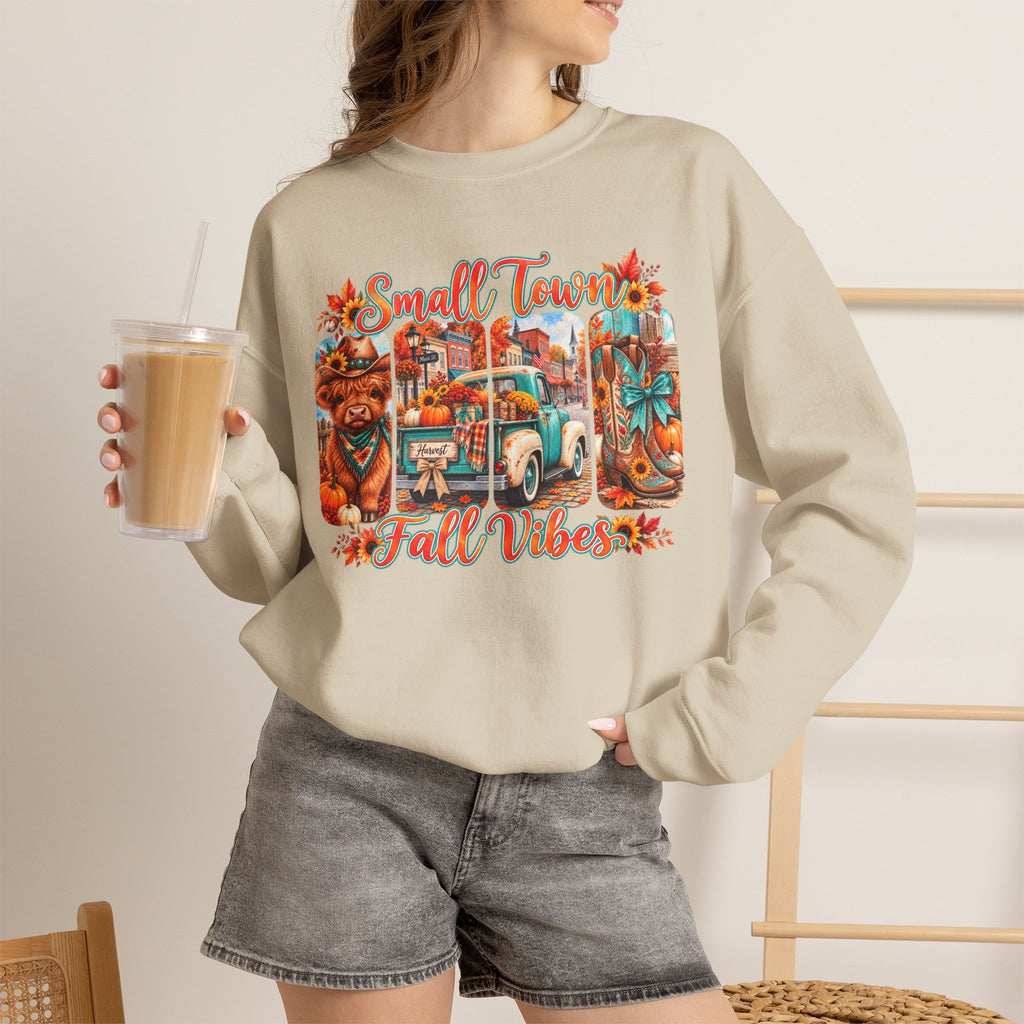 Fall Vibes Crewneck Sweatshirt - "Small Town Fall Vibes" Retro Autumn Graphic