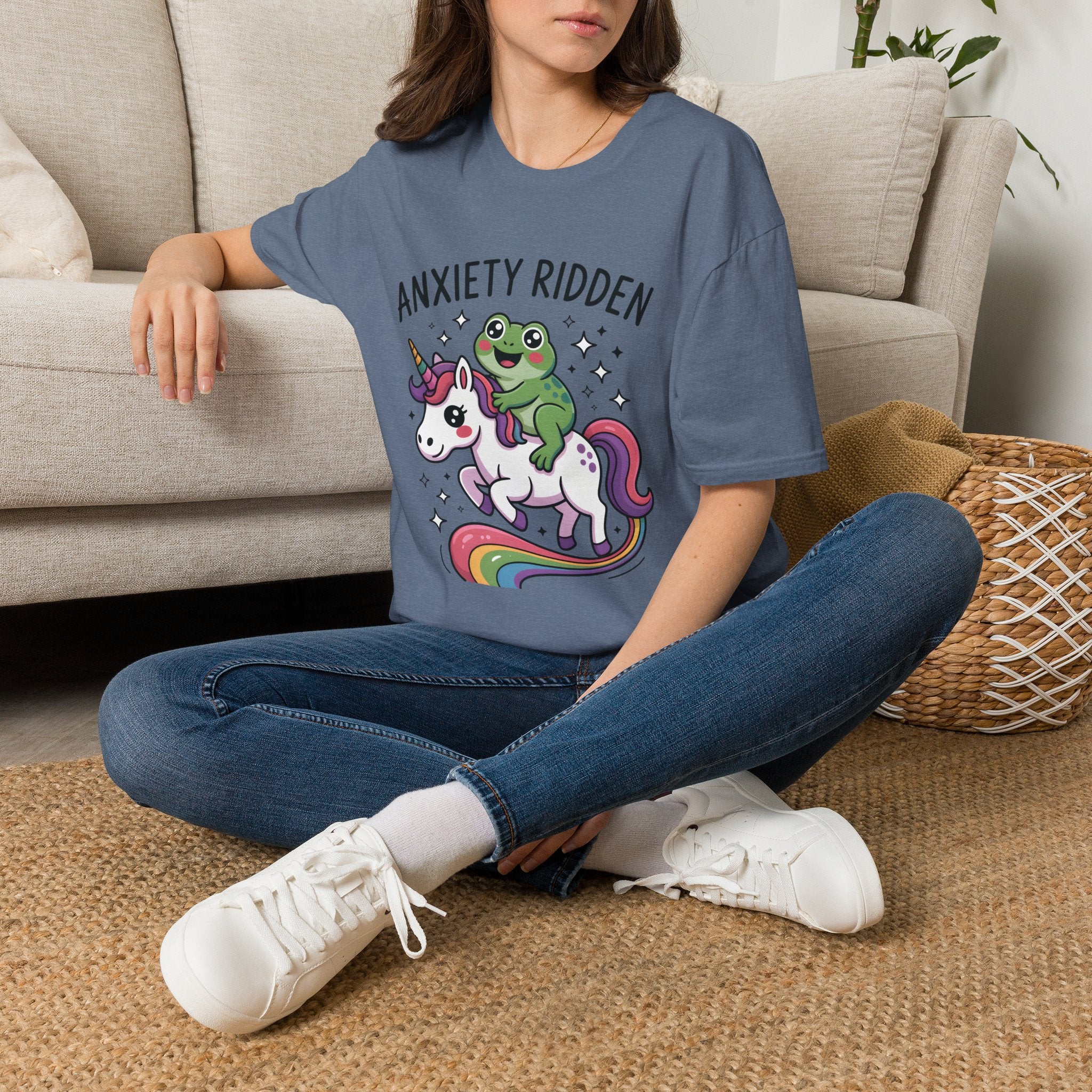Anxiety Ridden Frog on Unicorn T-Shirt — Cute Mental Health Awareness Graphic Tee