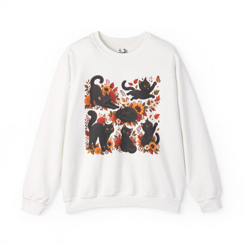 Autumn Black Cats Crewneck Sweatshirt — Fall Floral Halloween Cat Design