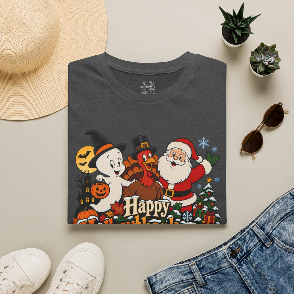 Halloween Thanksgiving Christmas Mashup Tee — "Happy HallowThanksMas This Year"