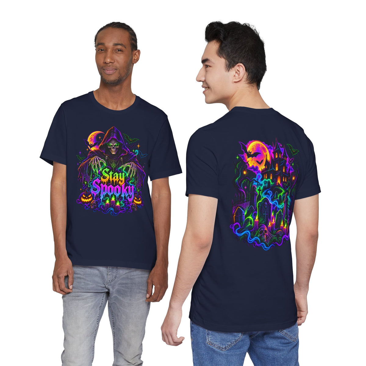 Stay Spooky Halloween Tee — Neon Grim Reaper & Haunted Castle Graphic T-Shirt