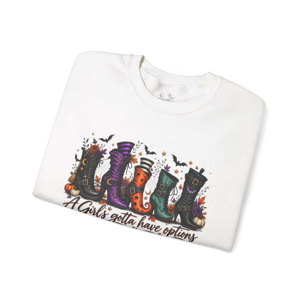 Witch Boots Crewneck Sweatshirt — "A Girl's Gotta Have Options" Halloween Pullover
