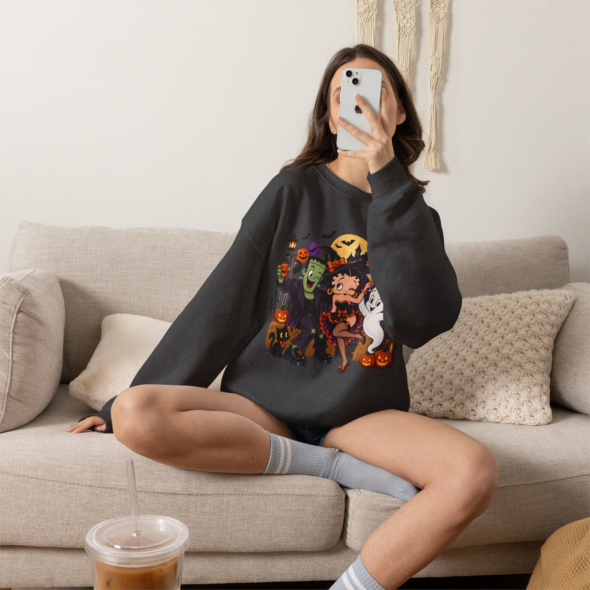 Halloween Betty Boop Crewneck Sweatshirt — Retro Spooky Cartoon Graphic