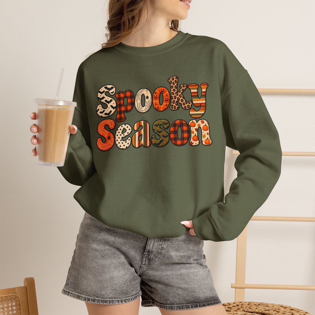Spooky Season Sweatshirt — Retro Patterned Halloween Crewneck
