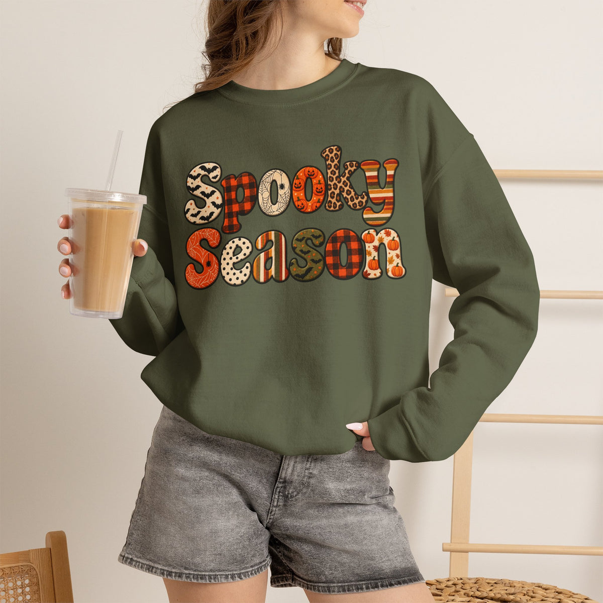Spooky Season Sweatshirt — Retro Patterned Halloween Crewneck