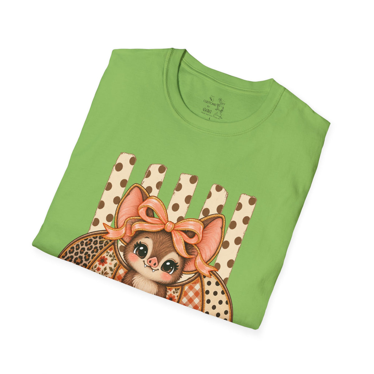Cute Bat Tee — Adorable Bat with Bow Graphic T-Shirt (Leopard Striped Background)