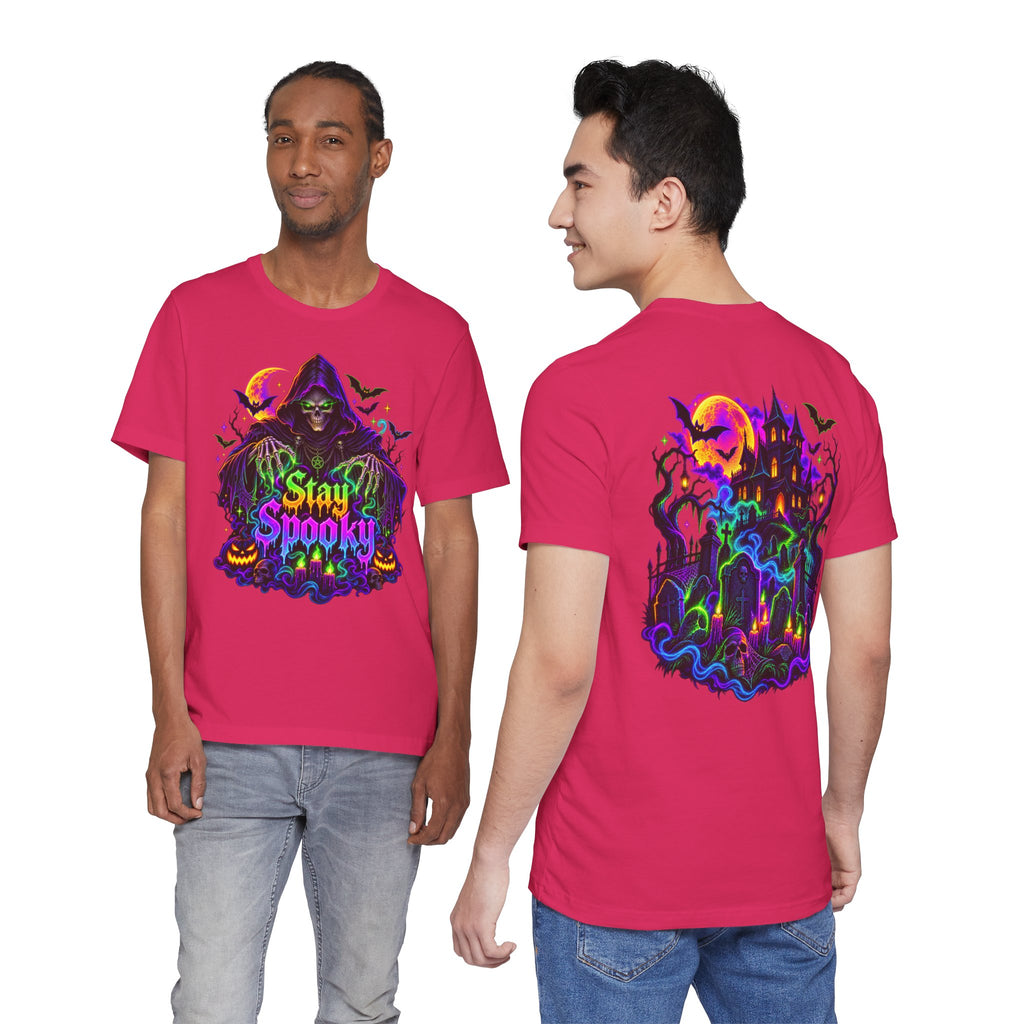 Stay Spooky Halloween Tee — Neon Grim Reaper & Haunted Castle Graphic T-Shirt