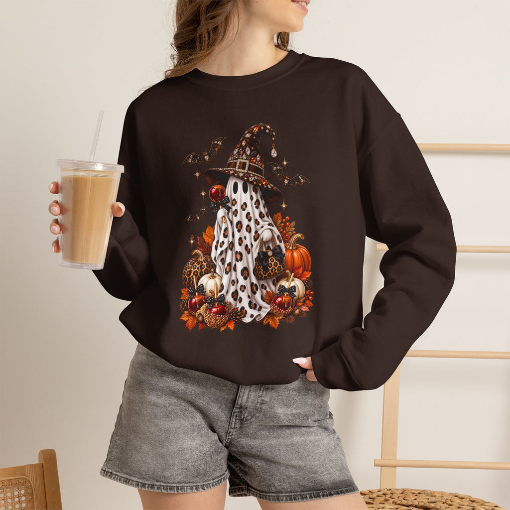 Halloween Ghost Sweatshirt – Spooky Gnome with Witch Hat, Pumpkins & Bats Crewneck