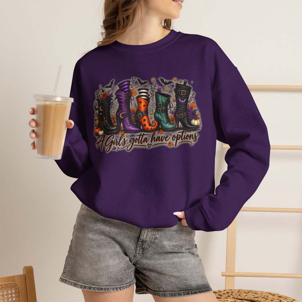 Witch Boots Crewneck Sweatshirt — "A Girl's Gotta Have Options" Halloween Pullover