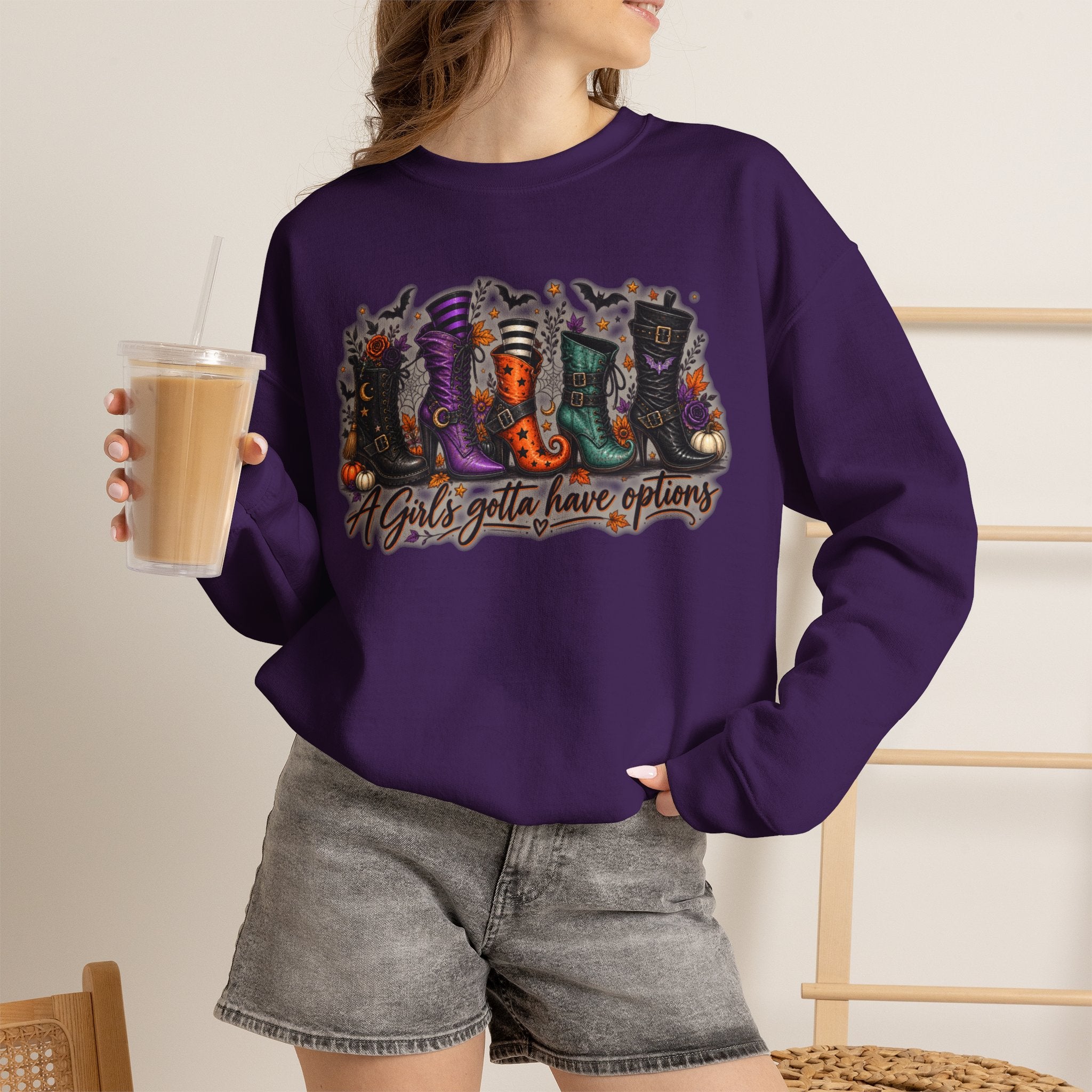 Witch Boots Crewneck Sweatshirt — "A Girl's Gotta Have Options" Halloween Pullover