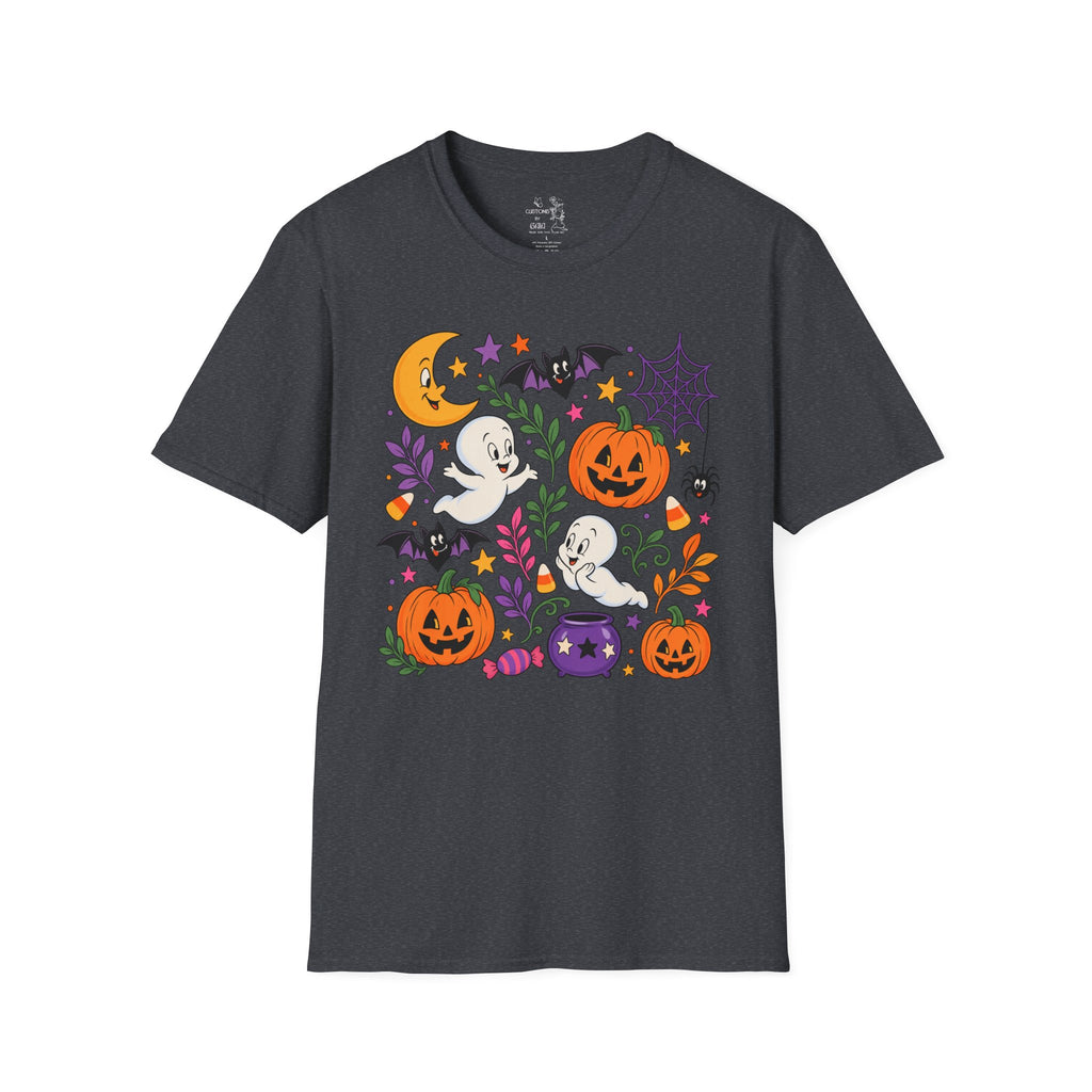 Cute Halloween T-Shirt — Friendly Ghosts, Pumpkins & Bats Graphic