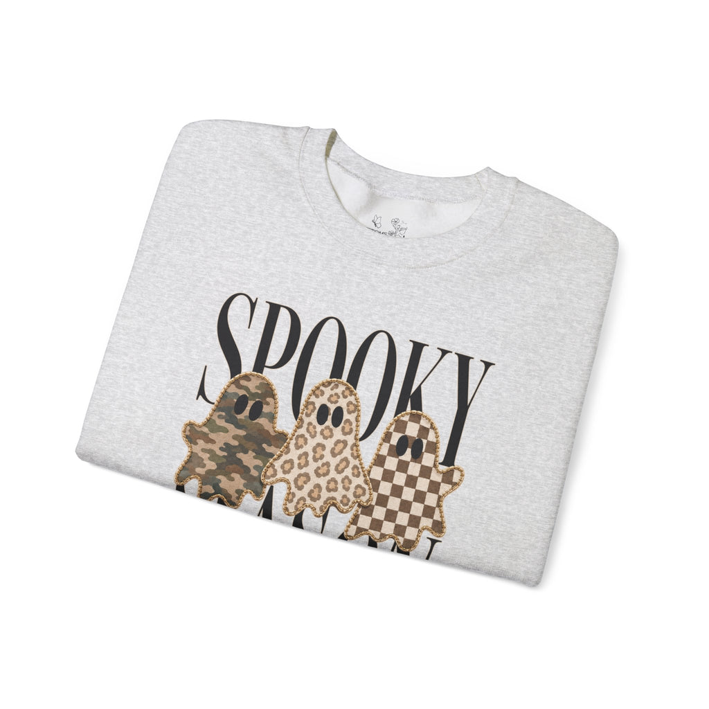 Spooky Season Ghosts Sweatshirt — Neutral Plaid & Camo Halloween Crewneck