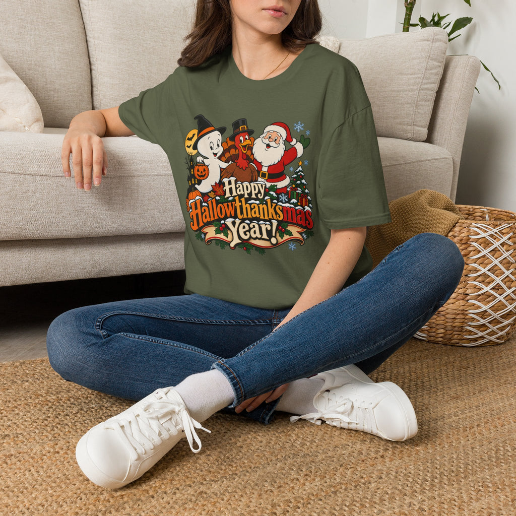 Halloween Thanksgiving Christmas Mashup Tee — "Happy HallowThanksMas This Year"