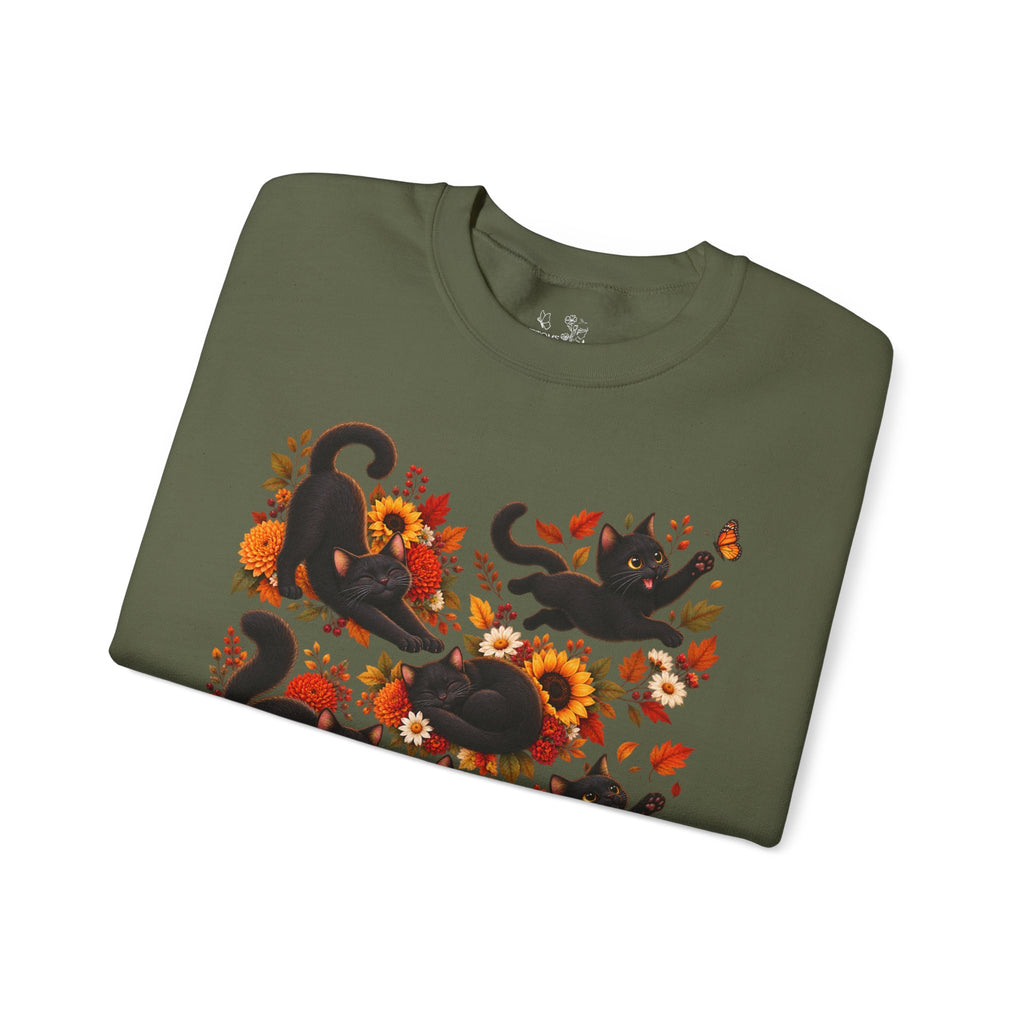 Autumn Black Cats Crewneck Sweatshirt — Fall Floral Halloween Cat Design