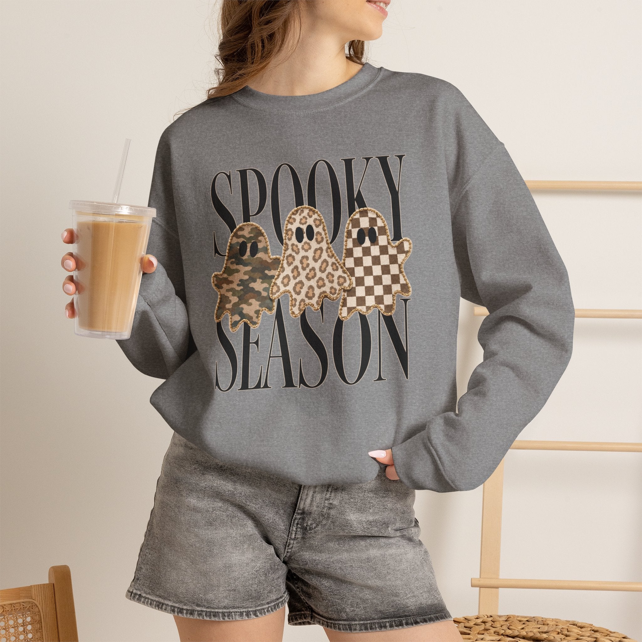 Spooky Season Ghosts Sweatshirt — Neutral Plaid & Camo Halloween Crewneck