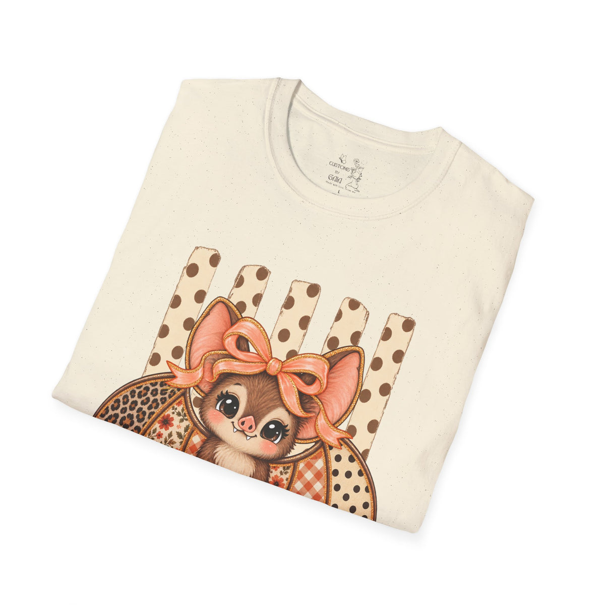 Cute Bat Tee — Adorable Bat with Bow Graphic T-Shirt (Leopard Striped Background)