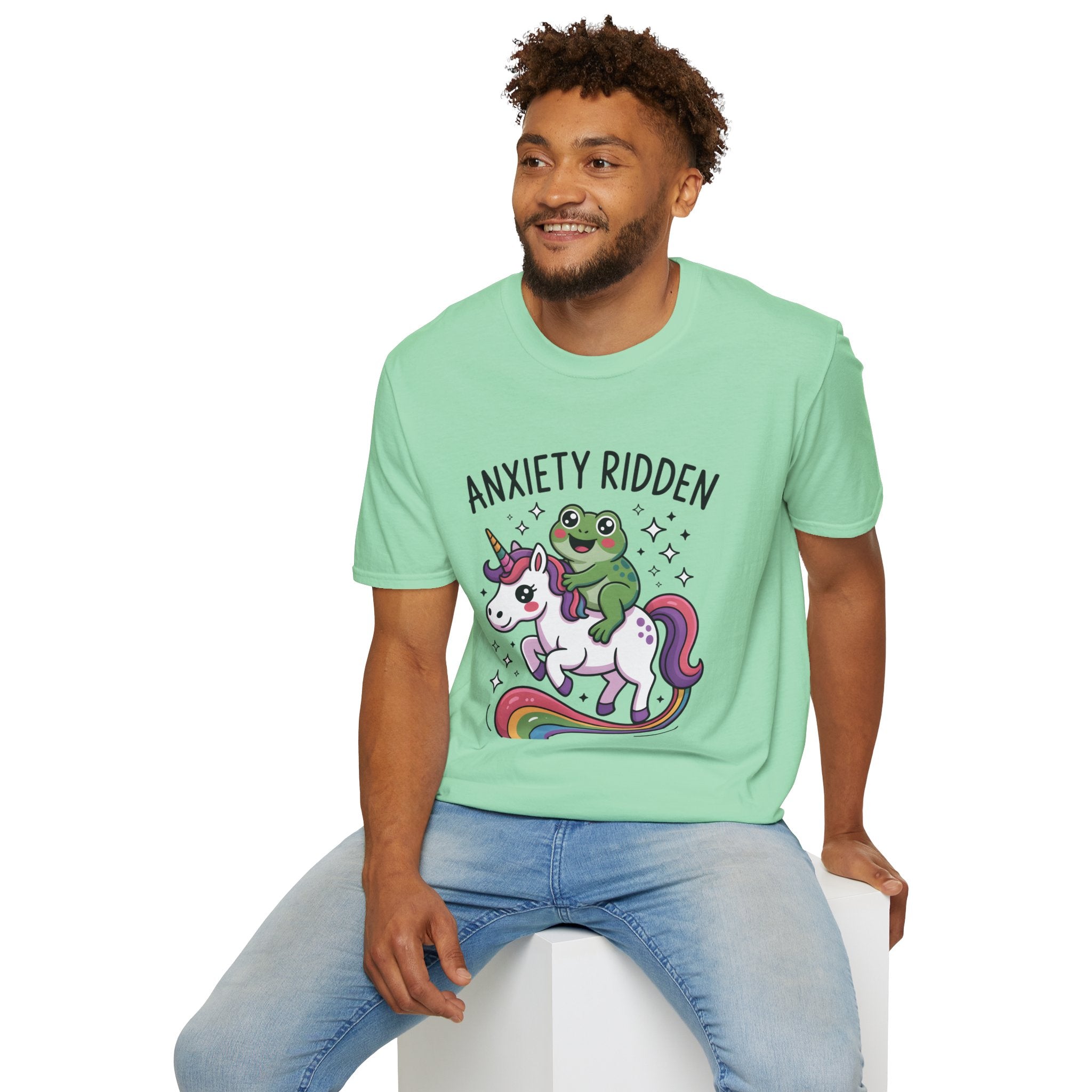Anxiety Ridden Frog on Unicorn T-Shirt — Cute Mental Health Awareness Graphic Tee