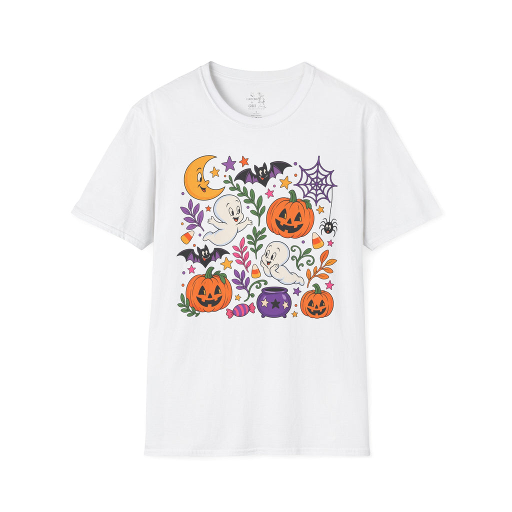 Cute Halloween T-Shirt — Friendly Ghosts, Pumpkins & Bats Graphic