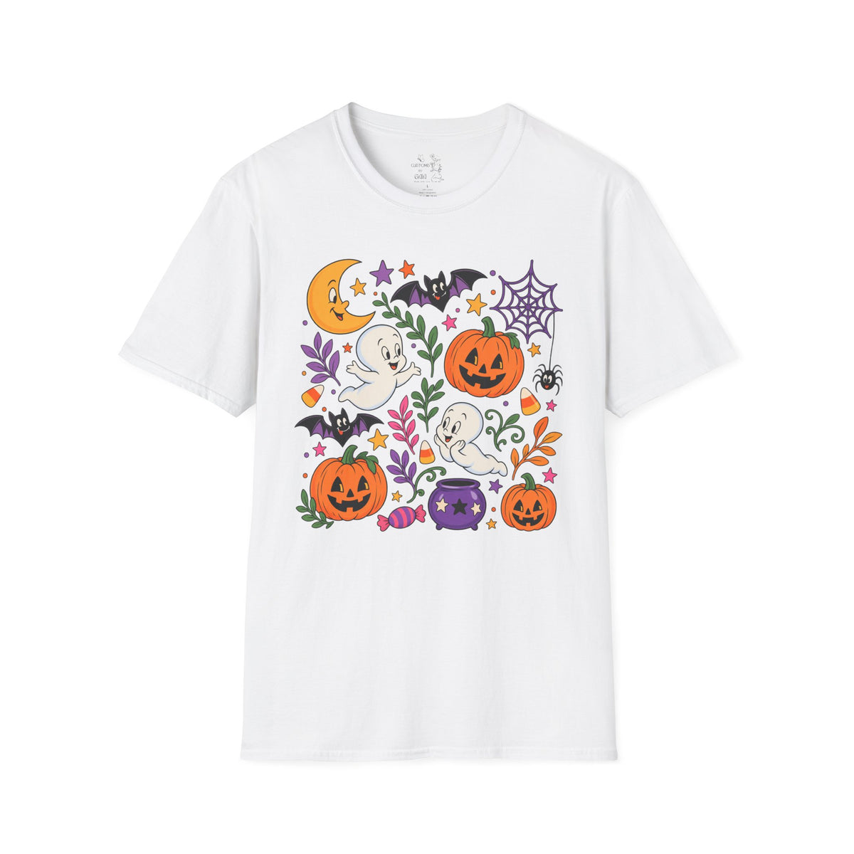 Cute Halloween T-Shirt — Friendly Ghosts, Pumpkins & Bats Graphic