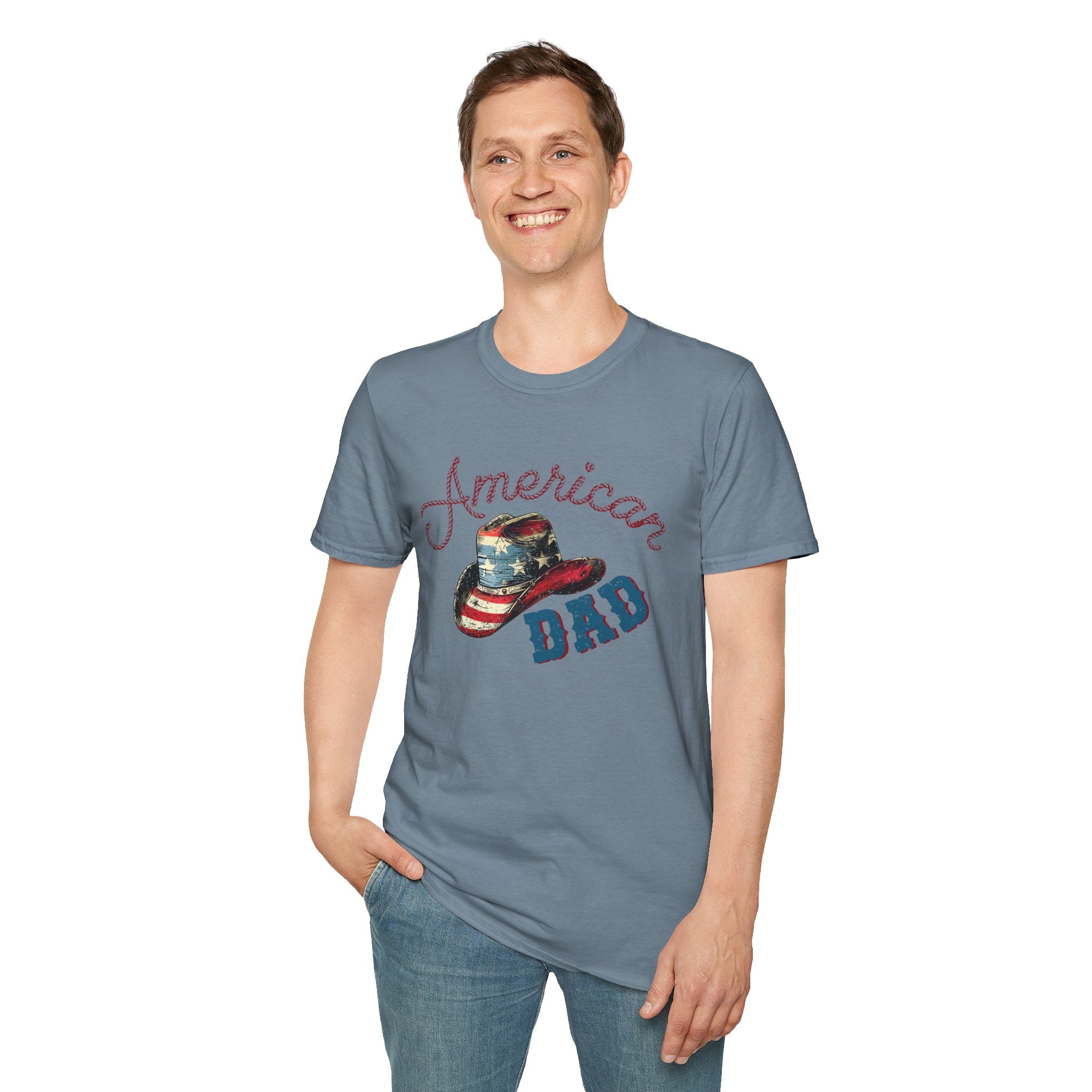 Patriotic “American Dad” Tee — Vintage Flag Cowboy Hat Dad T-Shirt