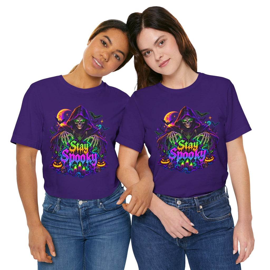 Stay Spooky Halloween Tee — Neon Grim Reaper & Haunted Castle Graphic T-Shirt