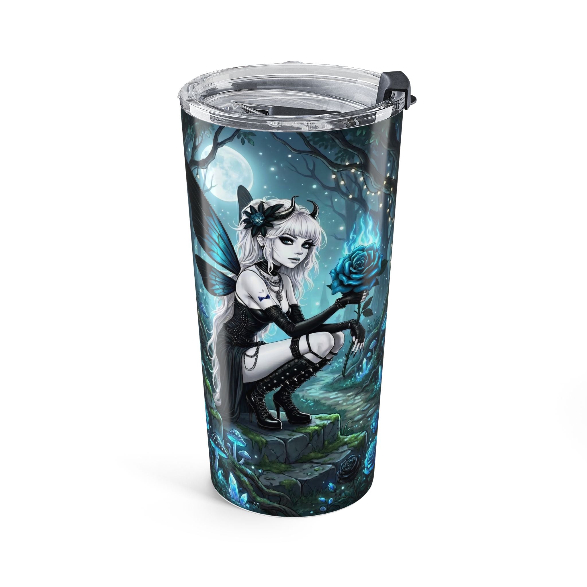 20oz Blue Fantasy Woodland Tumbler — Mystic Tree, Roses & Butterflies Travel Cup