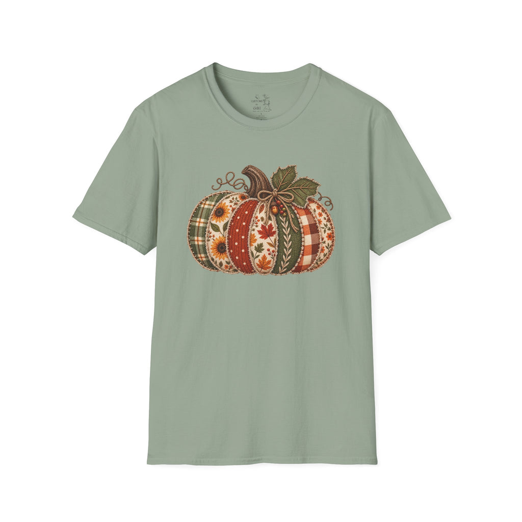 Fall Patchwork Pumpkin T-Shirt — Plaid & Floral Autumn Tee