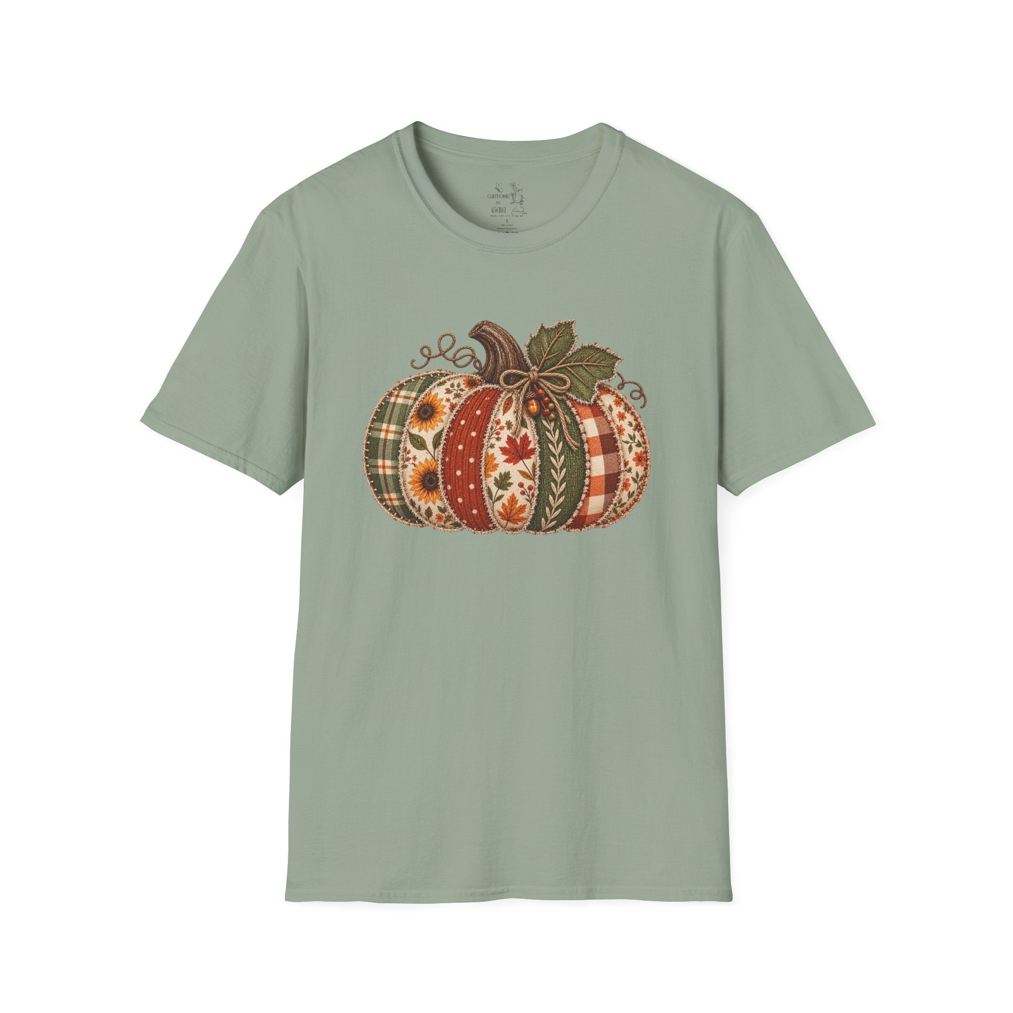 Fall Patchwork Pumpkin T-Shirt — Plaid & Floral Autumn Tee