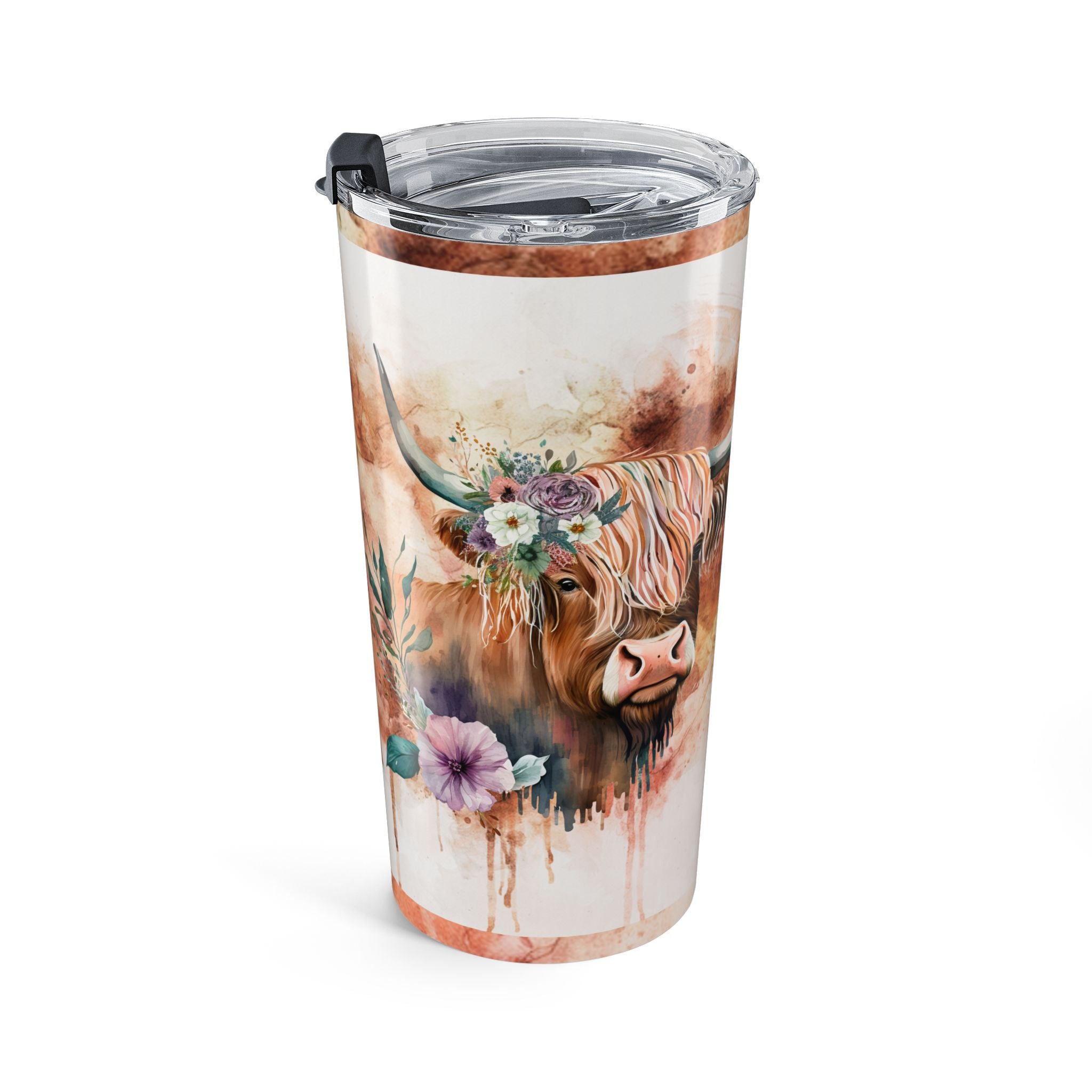 Highland Cow Floral 20oz Tumbler — Boho Rustic Insulated Travel Cup
