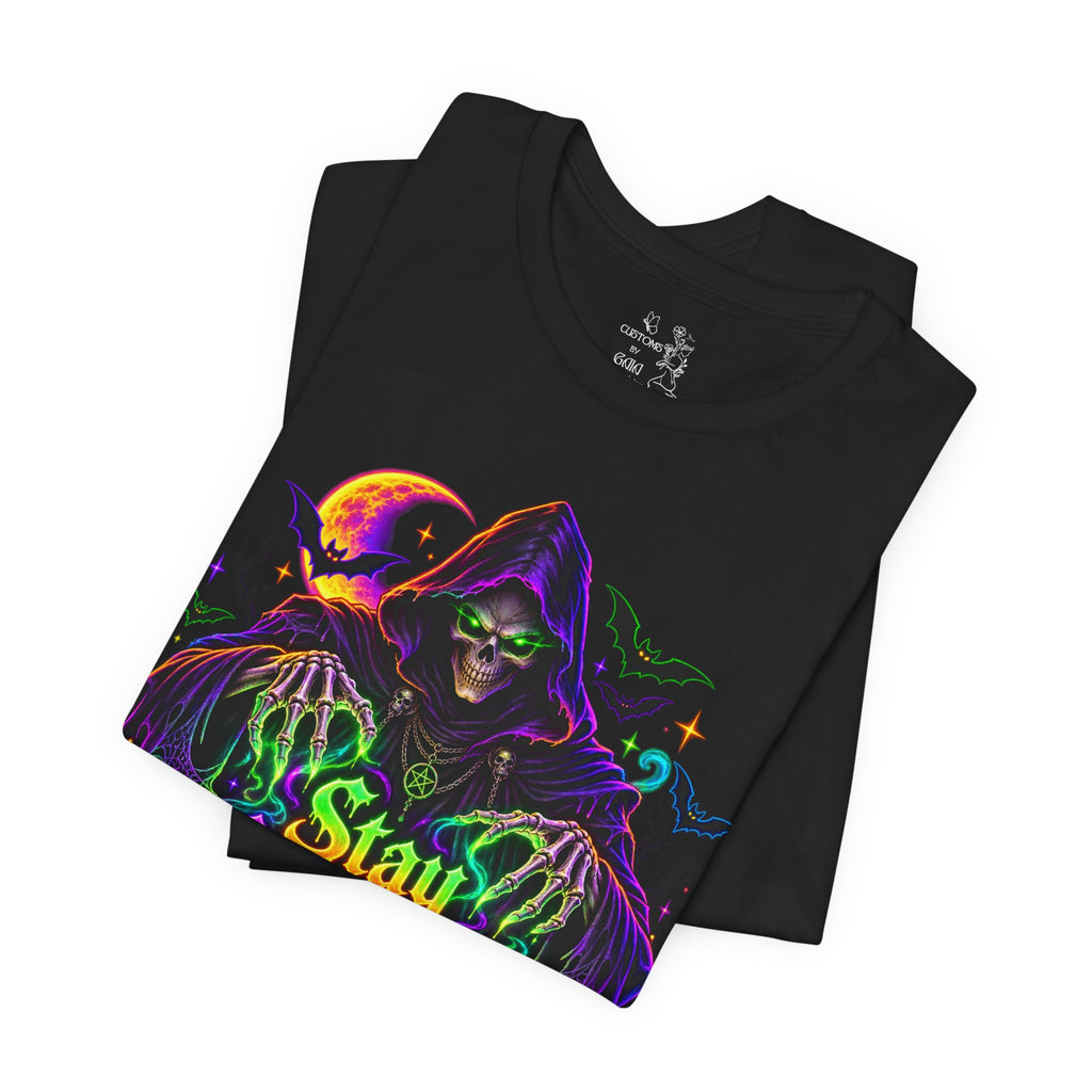 Stay Spooky Halloween Tee — Neon Grim Reaper & Haunted Castle Graphic T-Shirt