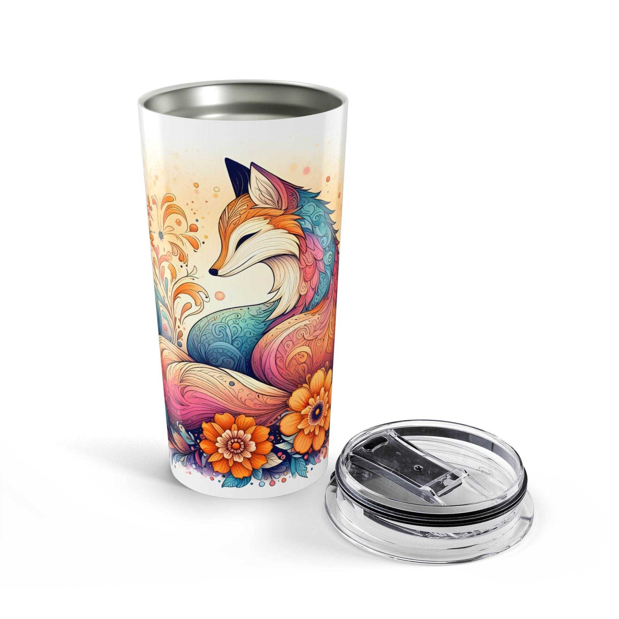 20oz Fox Tumbler – Colorful Floral Fox Stainless Steel Travel Cup