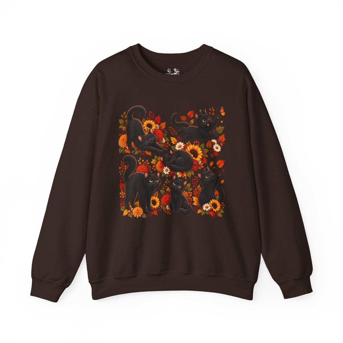 Autumn Black Cats Crewneck Sweatshirt — Fall Floral Halloween Cat Design