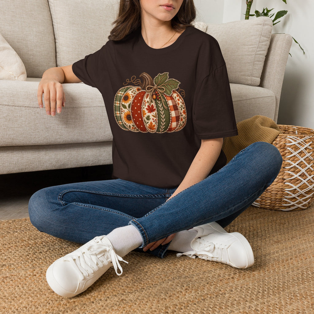 Fall Patchwork Pumpkin T-Shirt — Plaid & Floral Autumn Tee