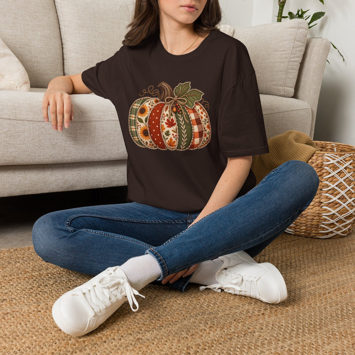 Fall Patchwork Pumpkin T-Shirt — Plaid & Floral Autumn Tee