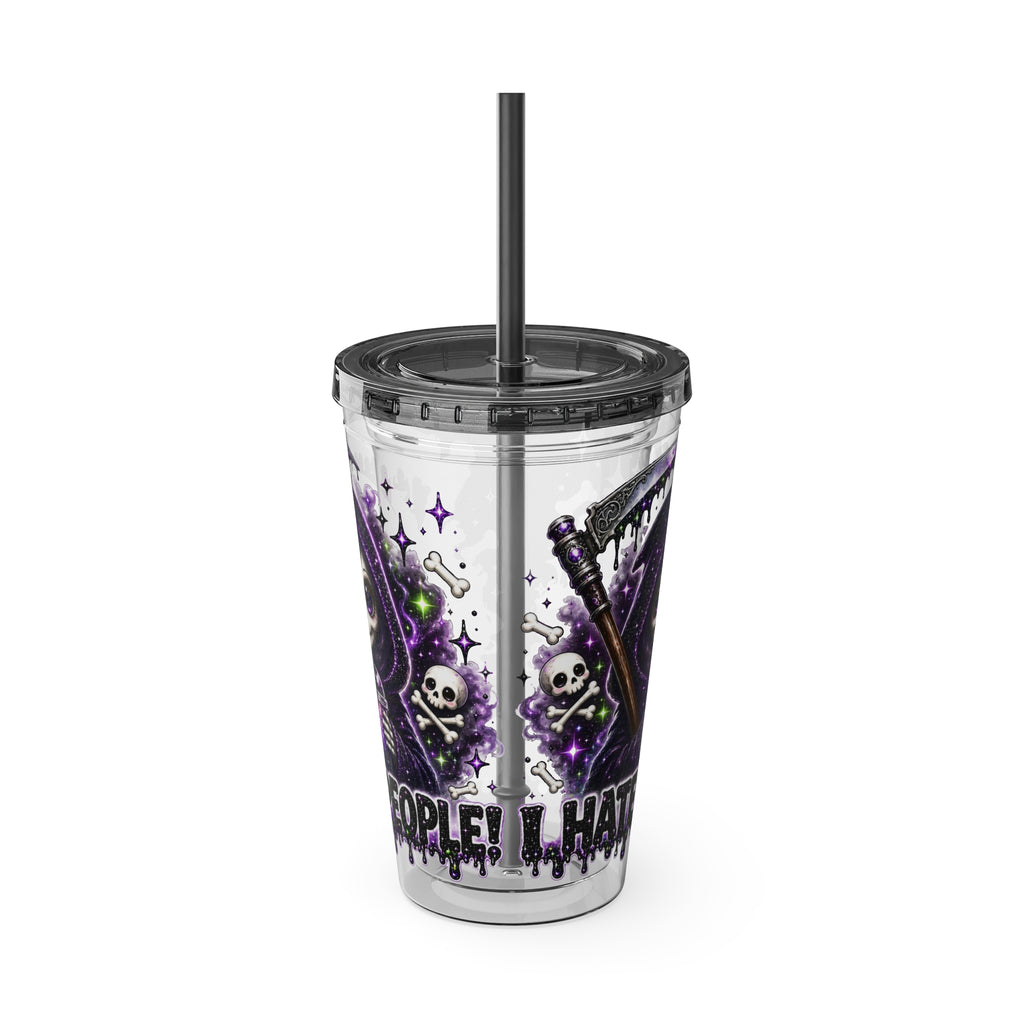 16oz Tumbler with Straw — Purple Grim Reaper “I Hate People” Graphic Cold Cup