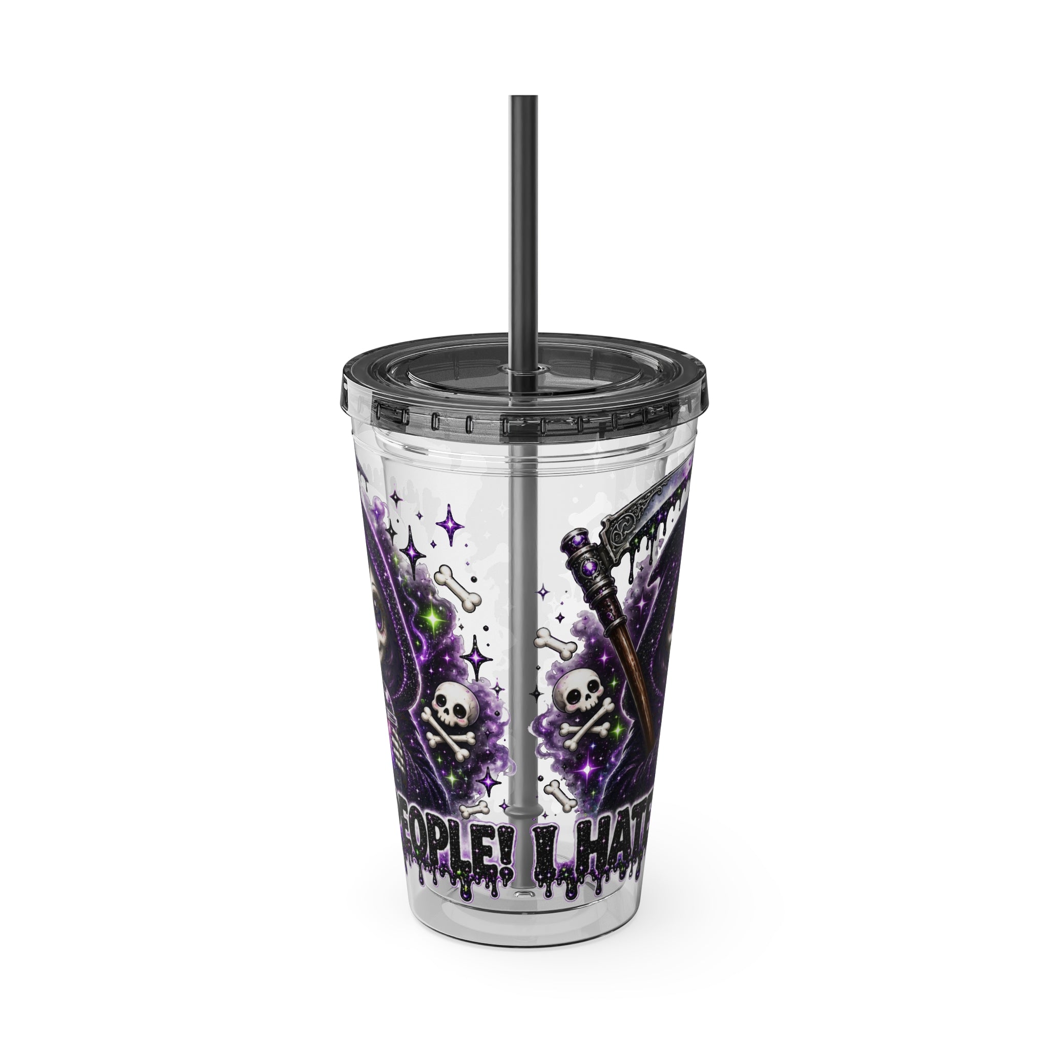 16oz Tumbler with Straw — Purple Grim Reaper “I Hate People” Graphic Cold Cup