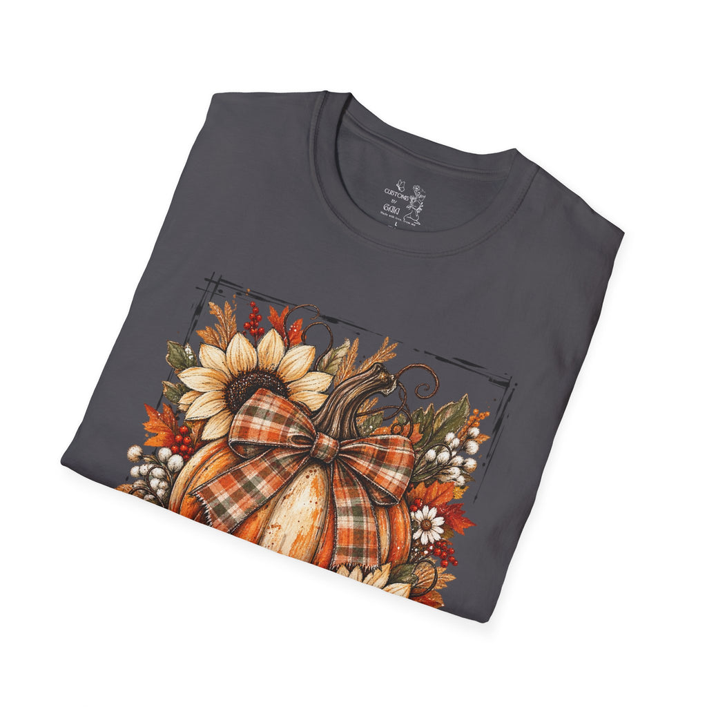 Pumpkin & Sunflower Fall T-Shirt — Plaid Pumpkin Autumn Graphic Tee