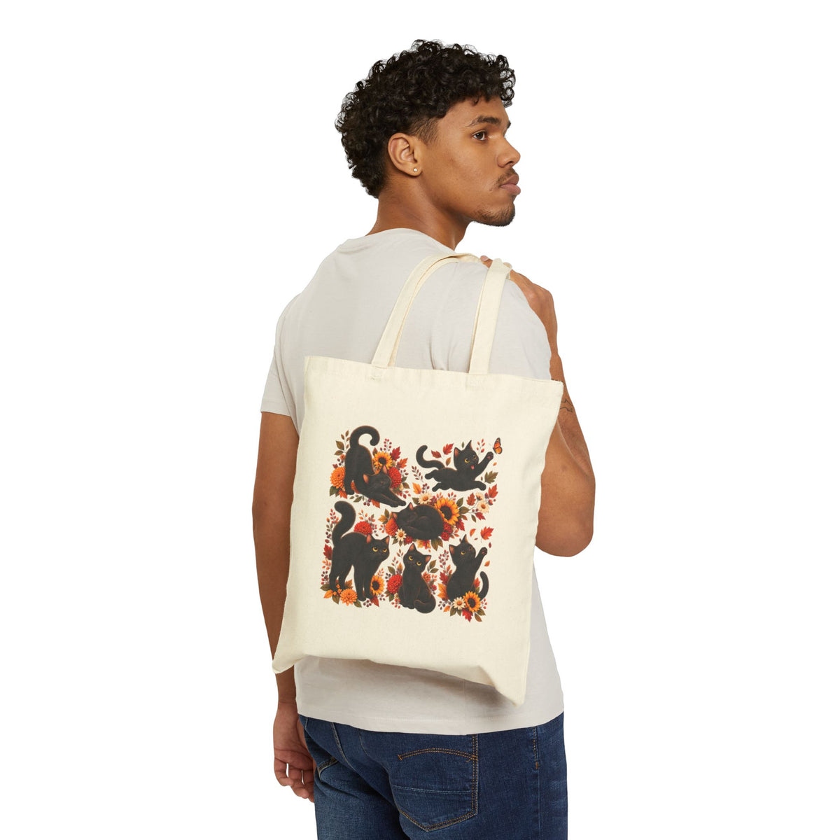 Autumn Cats Canvas Tote Bag — Black Cat Floral Fall Harvest Shopper